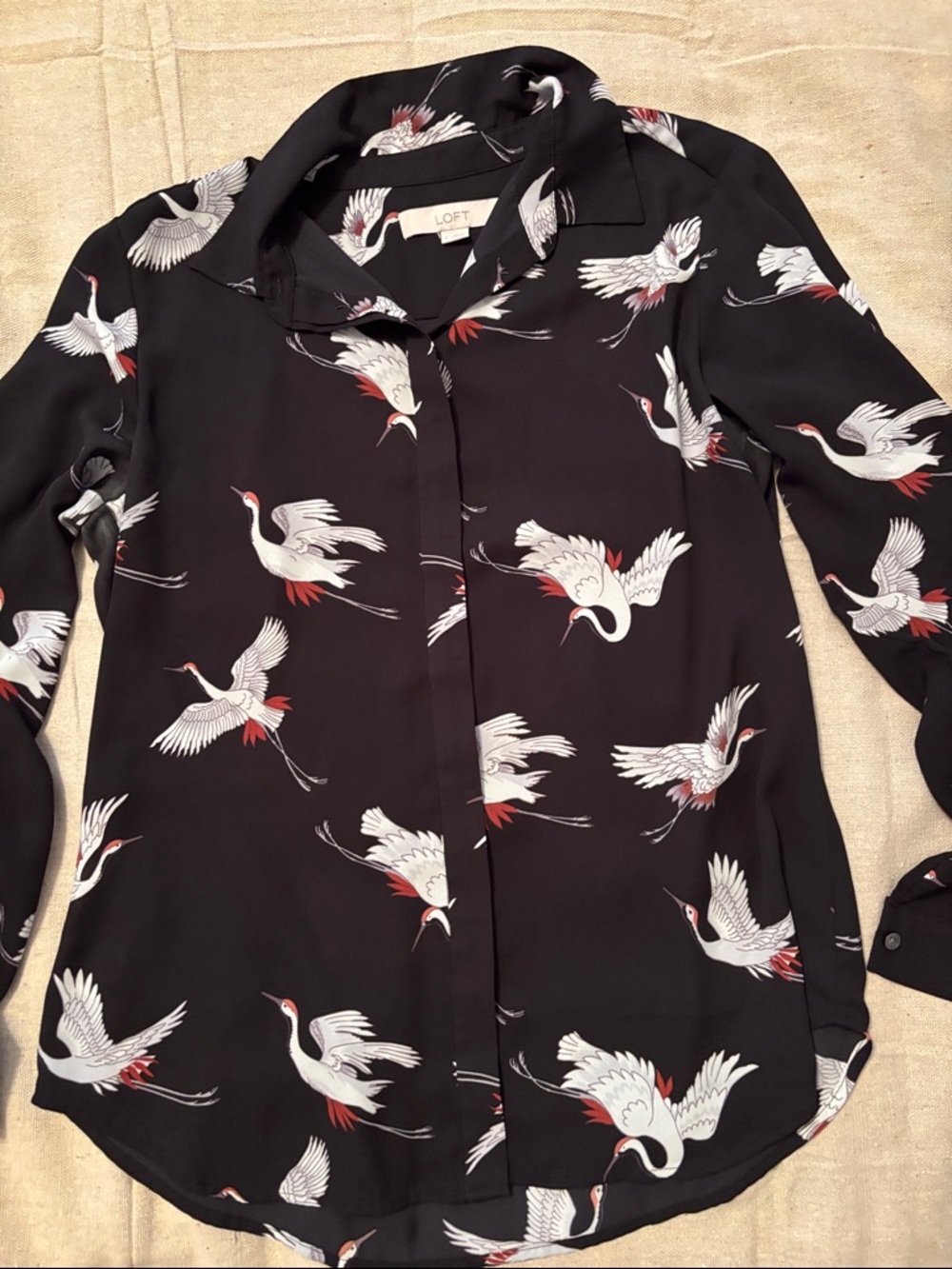 LOFT Black Crane Print Button-Down Blouse - Picture 3 of 7